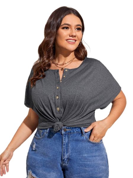 

plus batwing sleeve button front tee 36fs#, Black