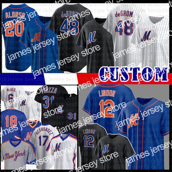 

new 12 francisco lindor 48 jacob degrom baseball jersey new pete alonso york mike piazza max scherzer keith hernandez strawberry tom seaver, Blue;black