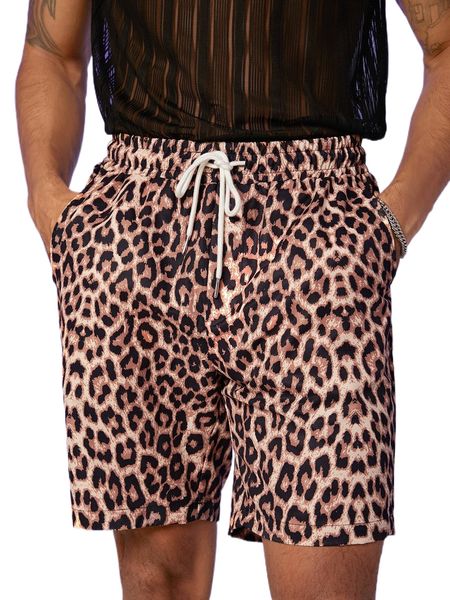 

men leopard drawstring waist shorts d8u7#, White;black