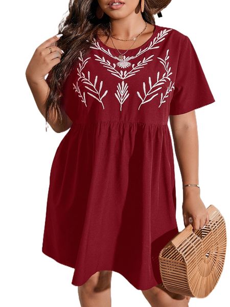 

plus plant embroidery smock dress v3xb#, Black