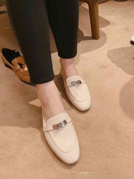 

button muller slippers women's 2022 new leather versatile flat bottomed loafers half drag for external wear, Black