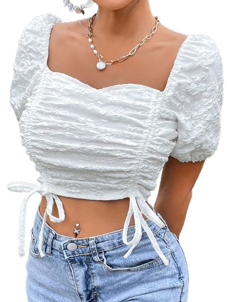 

jacquard sweetheart neck puff sleeve drawstring front crop blouse g7cv#, White