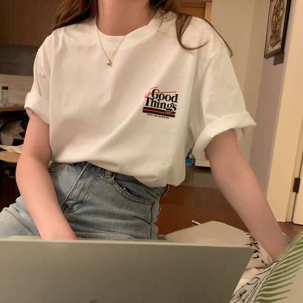 

spring letter printed cotton fashion knitted oneck short sleeve women female preppy style street regular tshirt 210426, White