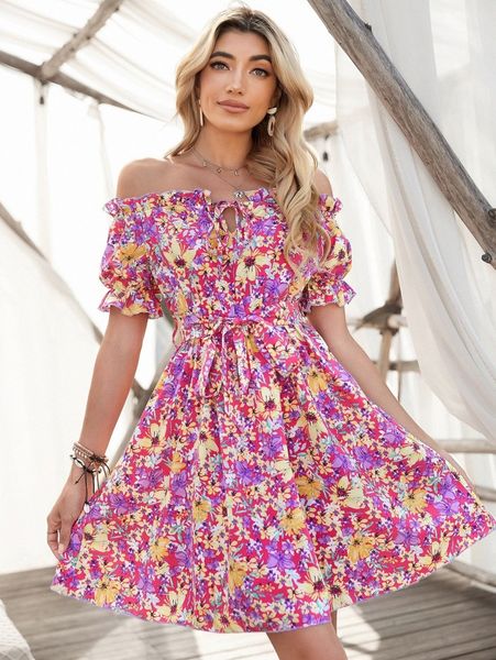 

floral print puff sleeve bardot dress b1jw#, Black;gray