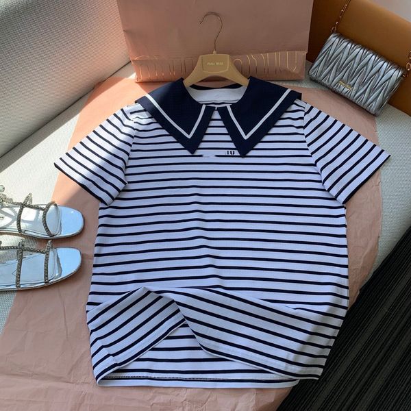 

women's t-shirt designer miu home 21 summer autumn new limited navy stripe lapel t-shirt women's casual slim round neck short slee, White