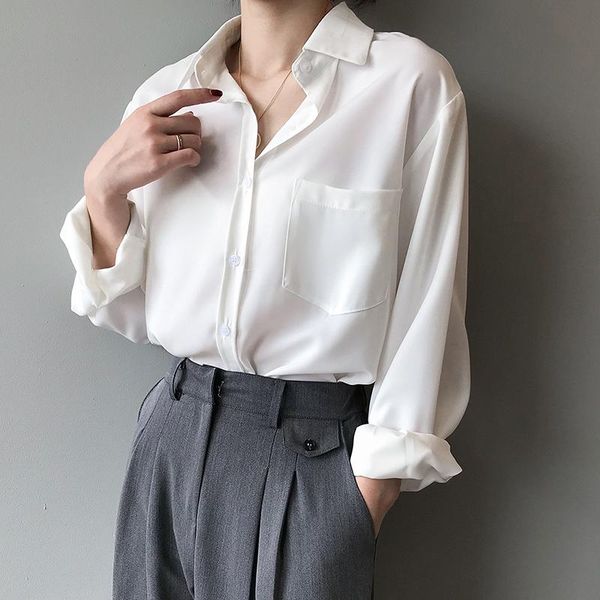 Camicie bianche larghe da donna Colletto rovesciato Solid Female Plus Size Office Ladies Top 2021 Camicette primavera estate