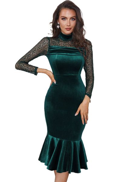 

contrast lace zip back mermaid hem velvet dress t1v8#, Black;gray