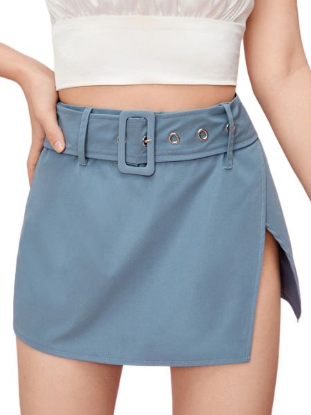 

buckle belted slit hem skirt l9jc#, Black