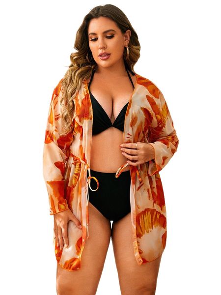 

plus allover print drop shoulder drawstring waist kimono j5id#, Black;gray