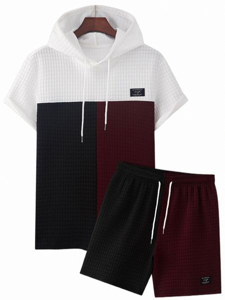 

men colorblock slogan patched detail drawstring hooded tee & shorts c5dd#, Gray