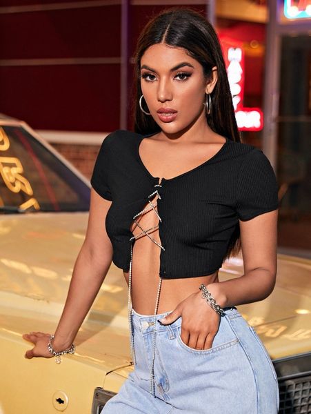 

rhinestone lace up front crop tee 80v3#, White