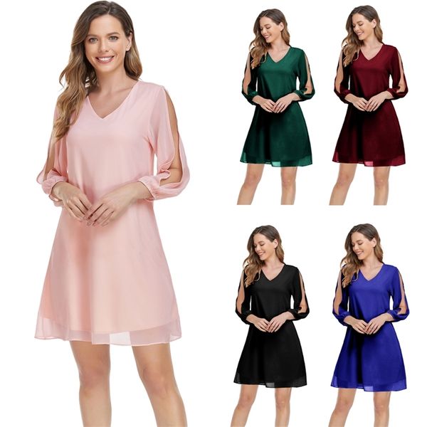 Lässiges Damen-Etuikleid mit 3/4-Ärmeln, V-Ausschnitt, Chiffon, kurz, Party, locker, elegant, für den Cocktail-Abend 220510