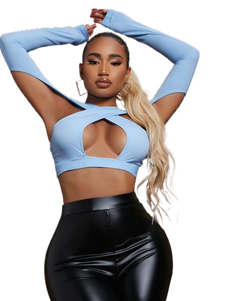 

sxy cut out wrap cross crop tee h82p#, White