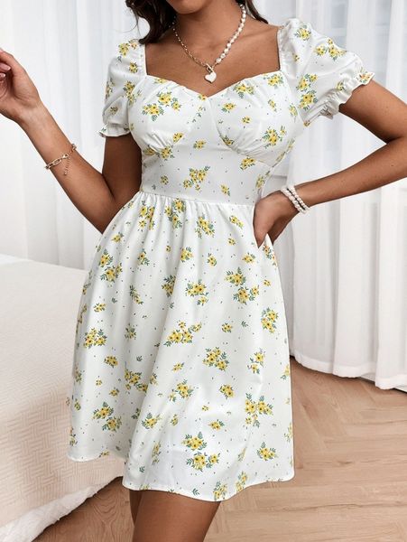 

sweetheart neck frill trim floral print dress a3hg#, Black;gray