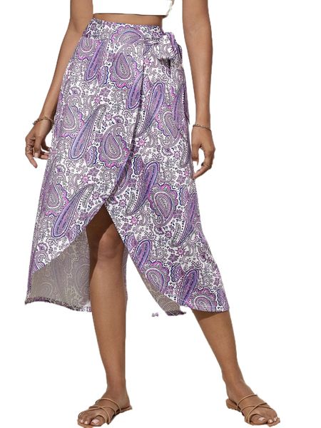 

paisley print wrap knot side skirt f6ur#, Black