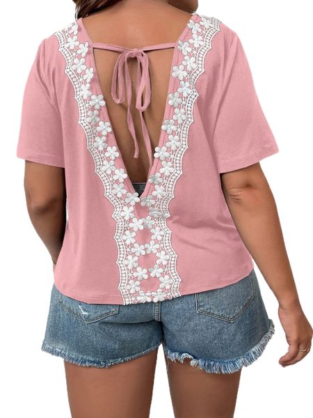 

plus contrast guipure lace tie back tee l1d0#, Black