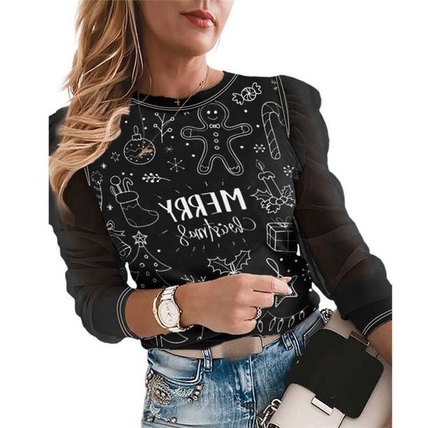 

women fashion casual long sleeve sheer mesh splicing blouse feamle mixed christmas print design 210716, White