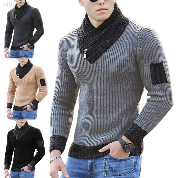 40% Hotlong Ärmeln Schal Kragen Männer Pullover Weiche Farbe Block Slim Fit Casual Pullover Streetwear L220801