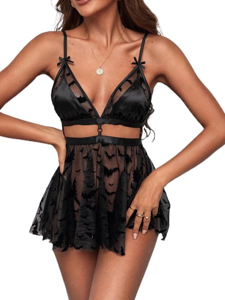 

tied backless bat print mesh slips without panty v45x#, Black;red