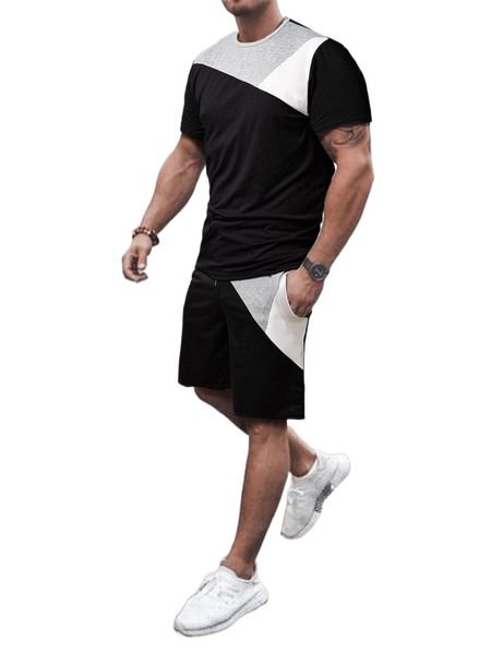 

men color block tee & drawstring waist shorts c5pd#, Gray