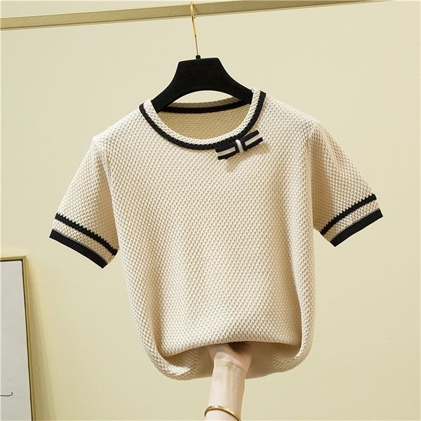 

knitted t shirt women bow patchwork short sleeve t korean fashion womens clothing summer thin tee femme 220624, White