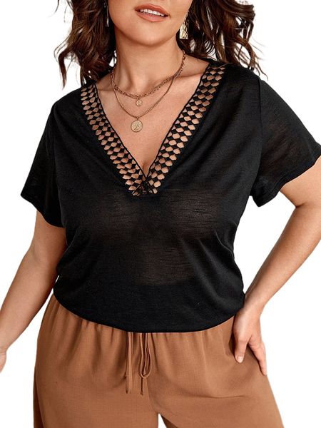 

plus hollow out solid tee 03ac#, Black