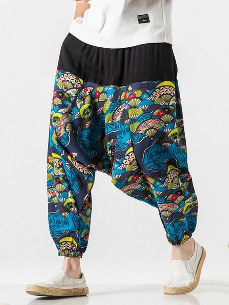 

men random fan print drop crotch pants e1bk#, Black