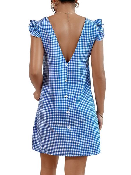 

gingham fake button cap sleeve tunic dress 31e8#, Black;gray