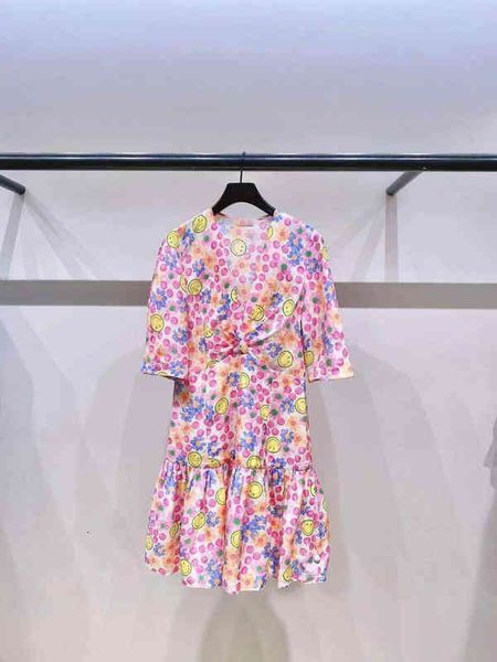 

casual dresses fadan spring and summer sweet style v-neck smiling face printed pleated ruffle dress, Black;gray