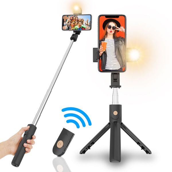 K10S ausziehbares Stativ, kabelloser Controller, HD-Spiegel, LED-Fülllicht, Bluetooth-Fernauslöser, Selfie-Stick, faltbares Einbeinstativ für iPhone, Samsung, GOPRO Mini-Kamera