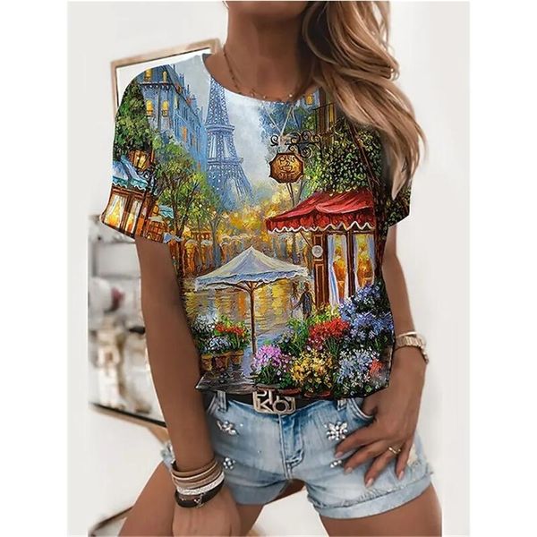 Senhoras Holiday Flower tem tema pintura de manga curta camiseta gráfica paisagem 3d rount redond round camisa básica branca azul verde 220628