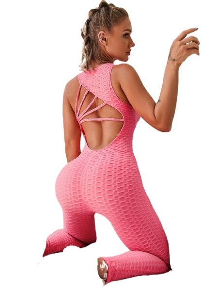 

twist front cut out back honeycomb texture sports jumpsuit p4z3#, Gray