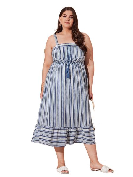 

plus striped knot front ruffle hem cami dress e79p#, Black