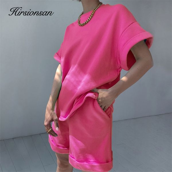 

hirsionsan summer cotton set casual two pieces sleeve t shirts and high waist short pants solid outfits tracksuit 220613, White