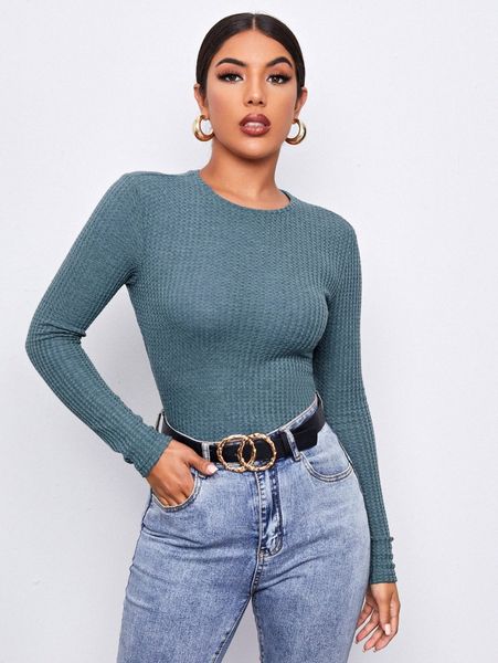 

round neck rib-knit solid tee j2op#, White