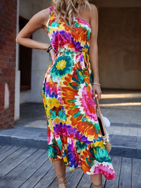 

allover floral print one shoulder ruffle hem belted dress z13w#, Black;gray