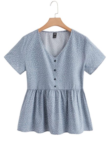 

plus polka dot button half peplum blouse u31s#, Black