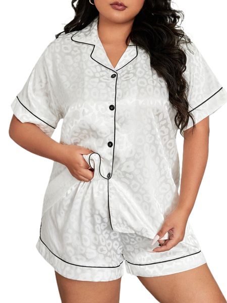 

plus leopard jacquard contrast piping satin pj set o7ox#, Black;white