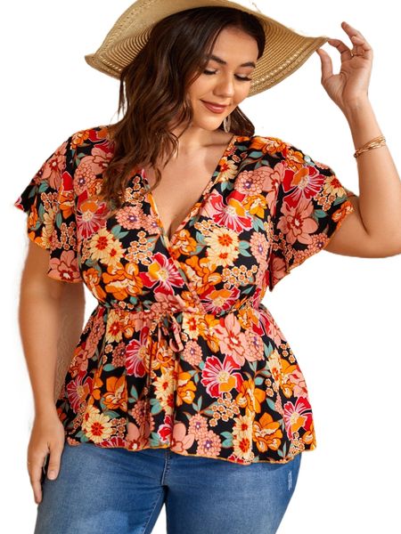 

plus floral print butterfly sleeve knot front peplum blouse 96v8#, Black