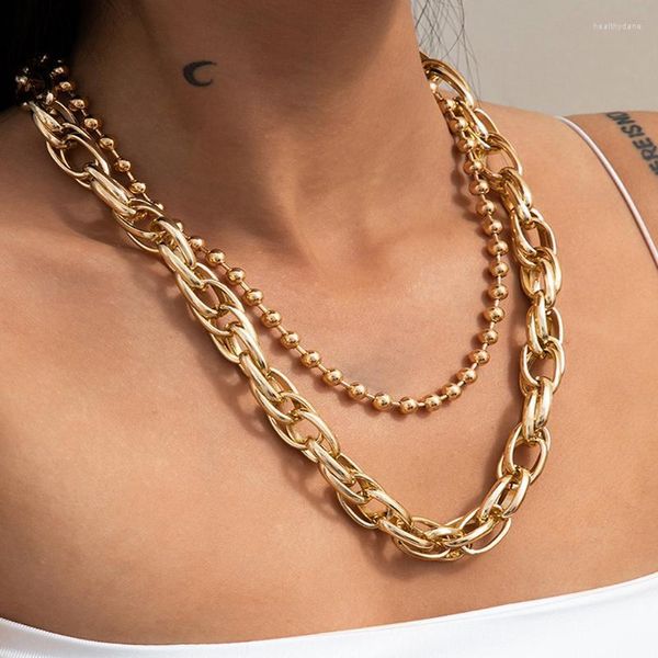 Girocolli 2 pezzi / set punk hip hop collana girocollo intrecciata spessa spessa per le donne collane a catena con perline multistrato color oro Heal22