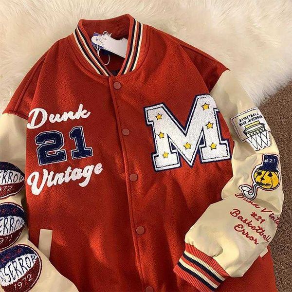 

american retro letter embroidery jackets coats women's street hip hop heavy industry baseball uniform couple trend loose jackets, Black;brown