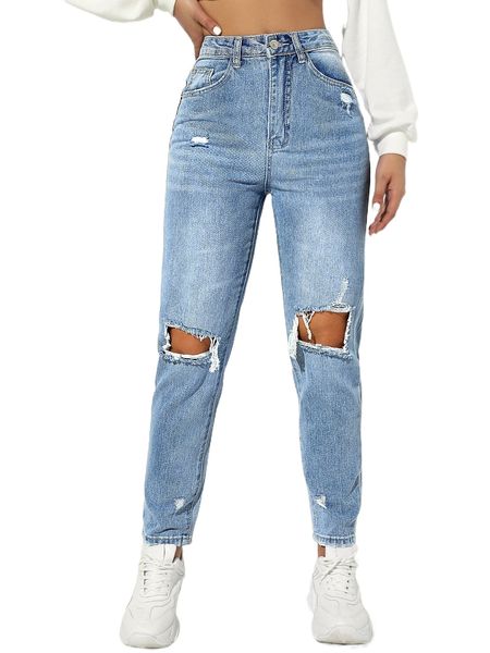 

ripped detail mom jeans p9t1#, Blue