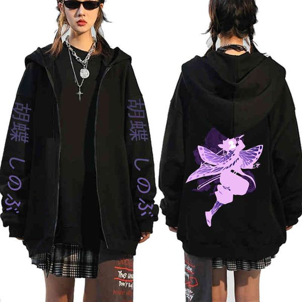 

demon slayer zip up hoodie anime print hoodies autumn spring zipper jacket sportswear coat kochou shinobu kimetsu no yaiba coats, Black