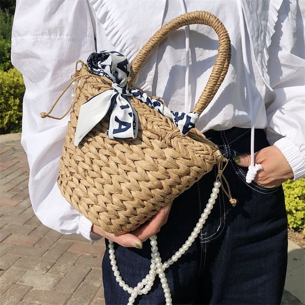 

factory online sales net red pearl chain female 2022 summer new fashion straw versatile portable bucket messenger bag