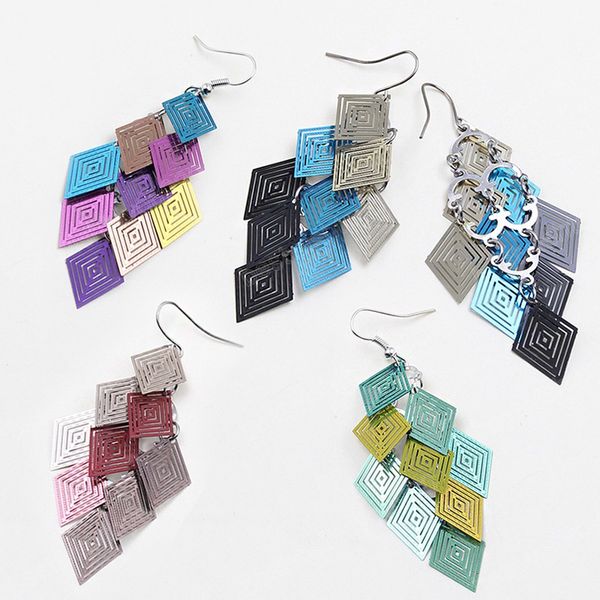 

fashion vintage dangle earrings rhombus leaf colorful feather pendant tassel for women earrings accessories jewelry gifts, Silver