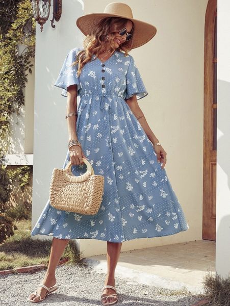 

polka dot & floral print butterfly sleeve knot front dress q1iv#, Black;gray