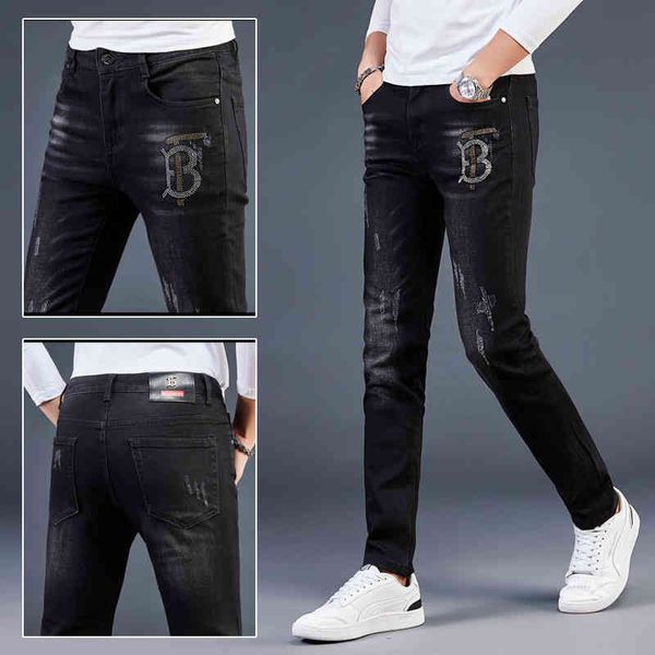 

autumn and winter black embroidered diamond jeans men's fashion brand loose casual pants slim leggings, Blue