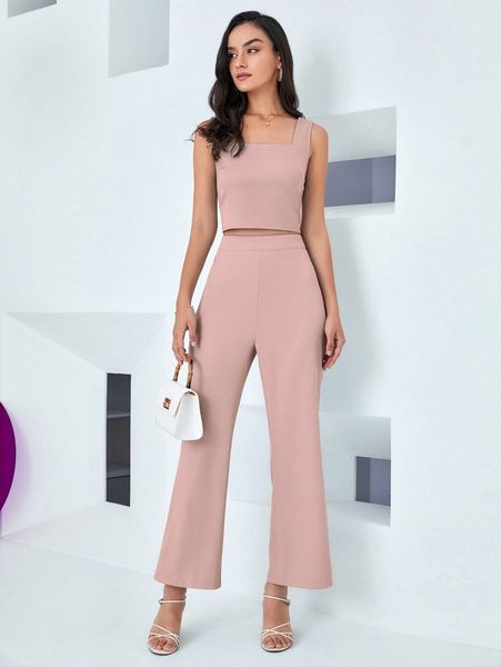 

square neck crop tank & flare leg pants a6cr#, White