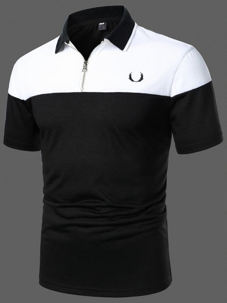 

men colorblock antler embroidered polo shirt l9dx#, White;black