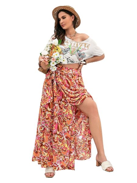 

rusttydustty plus allover print split thigh skirt 85rd#, Black